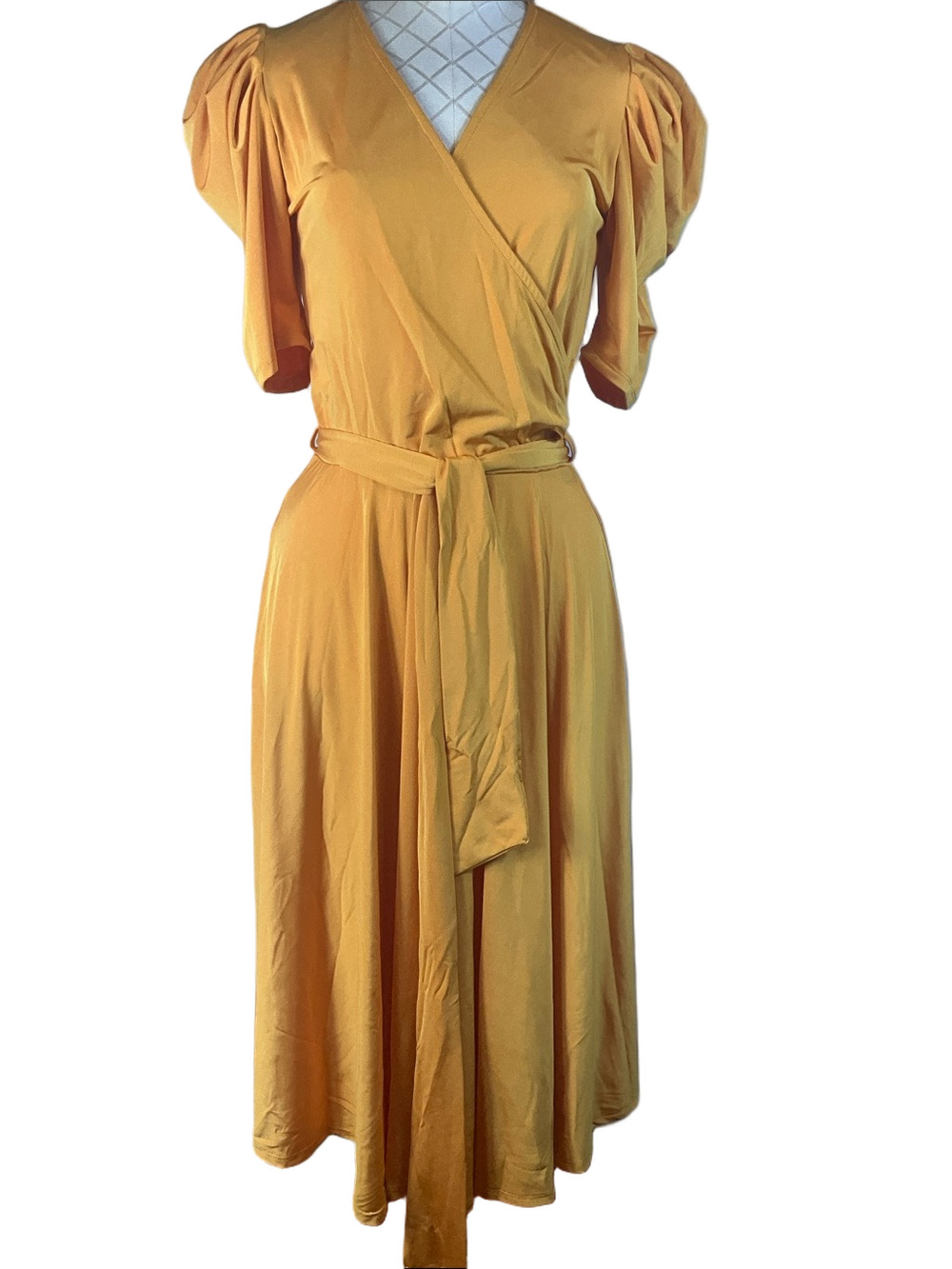 Janette Fashion Short Puff Sleeves Tie Belt Midi Dress Size Medium New